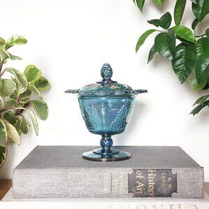 Vintage Carnival Glass Indiana Glass Blue Pedestal Candy Dish With Lid